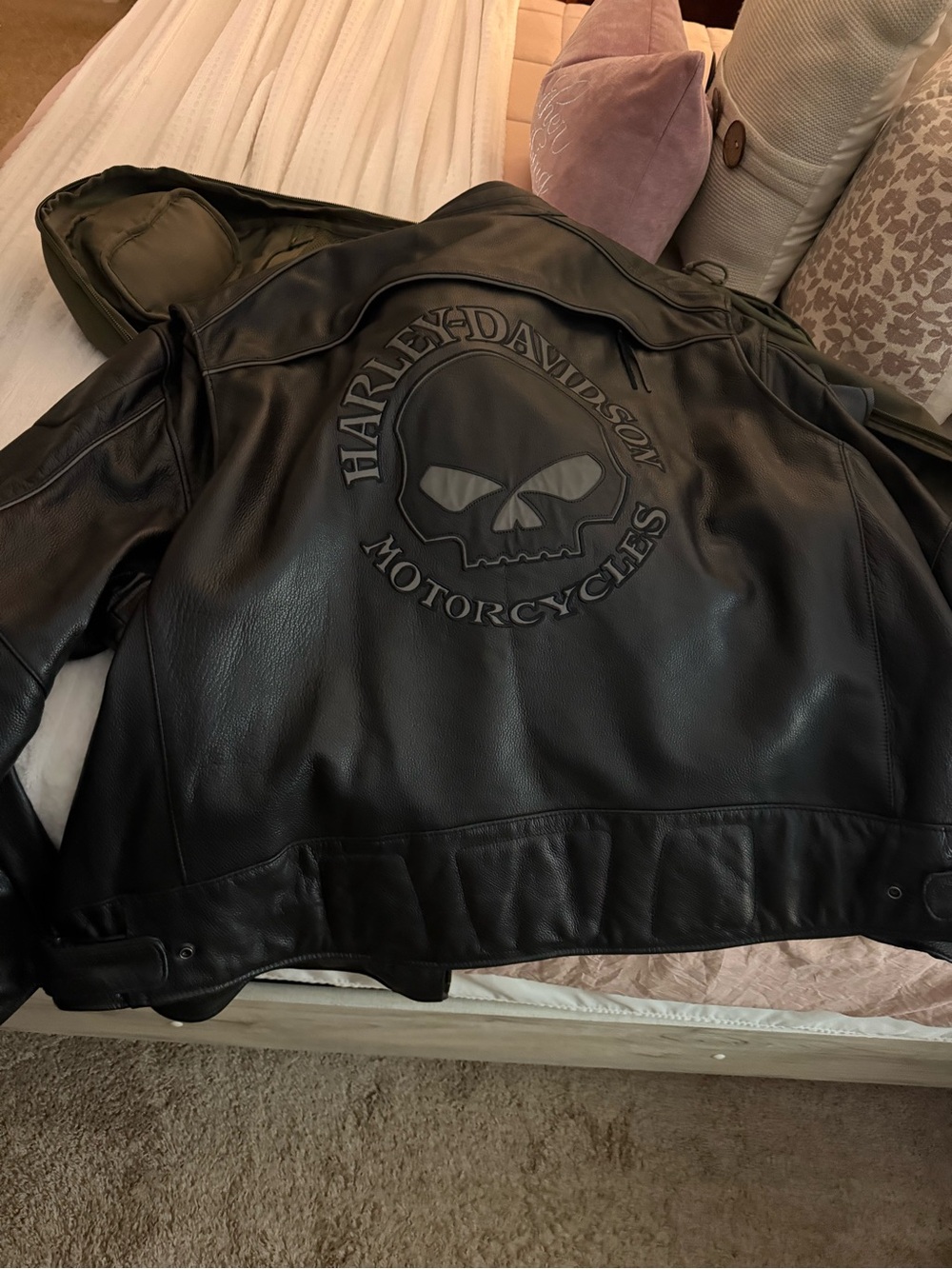 Harley-Davidson Black Leather Skull Embossed Bomber Jacket